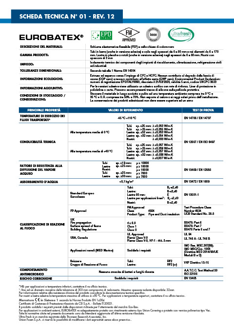 UNION FOAM • EUROBATEX® Tubi e lastre isolanti prodotti in elastomero  estruso ed espanso (FEF)